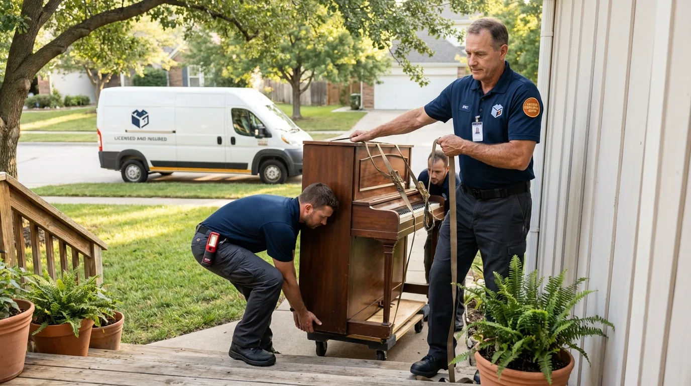 Licensed piano movers securing grand piano in Hattiesburg, MS