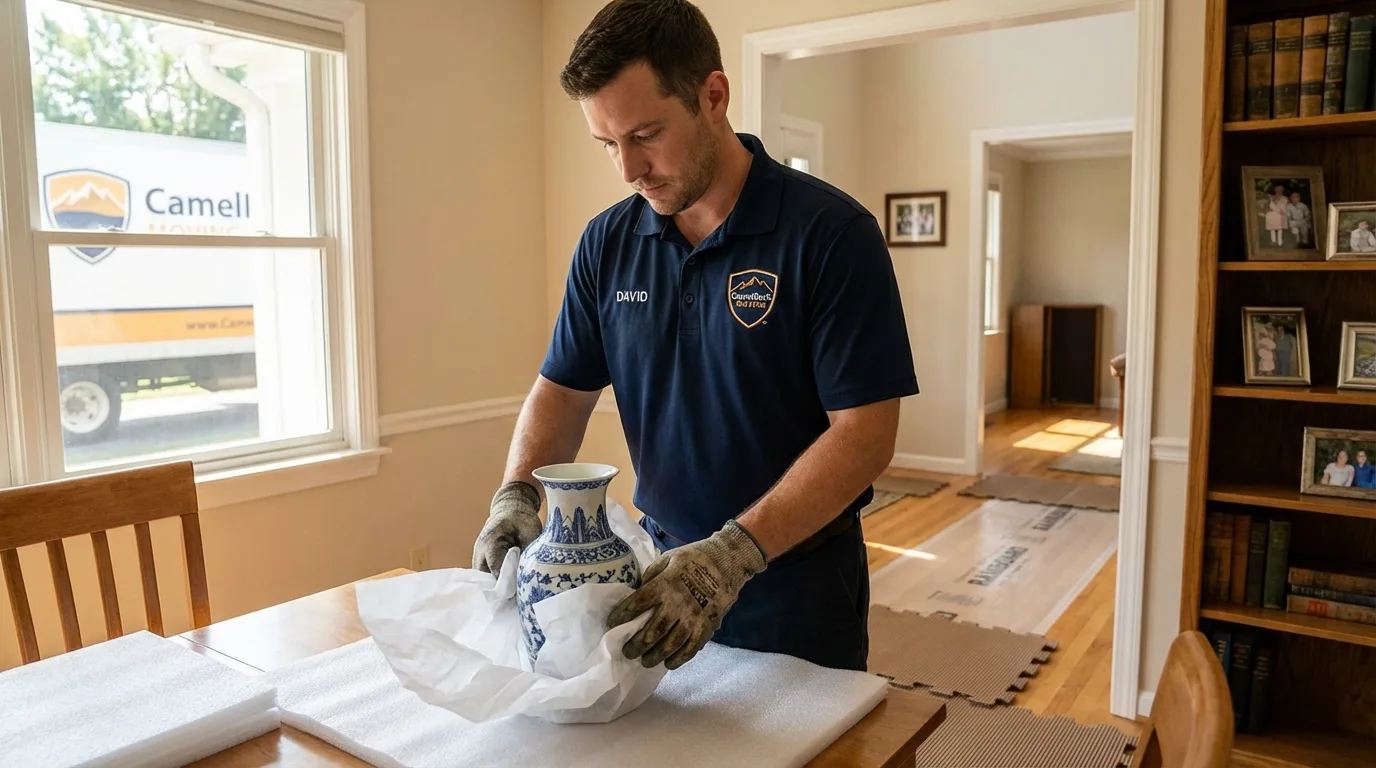 Professional crew carefully wrapping antique vase for senior downsizing move in Hattiesburg, MS